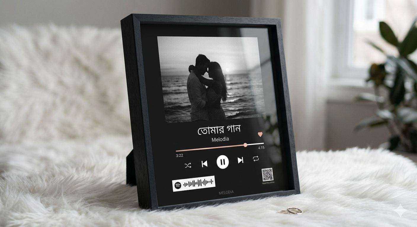 Melodia framed plaque — Tomar Gaan, sitting on a shelf