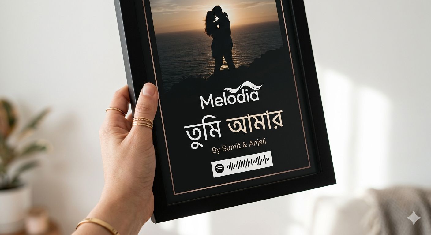 Melodia framed plaque — Tumi Amar, held up by a hand